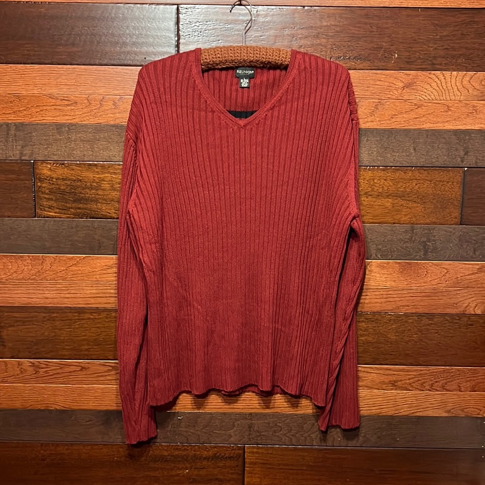Reunion Men's Wear V Neck Long Sleeve Red Ribbed Knit Sweater